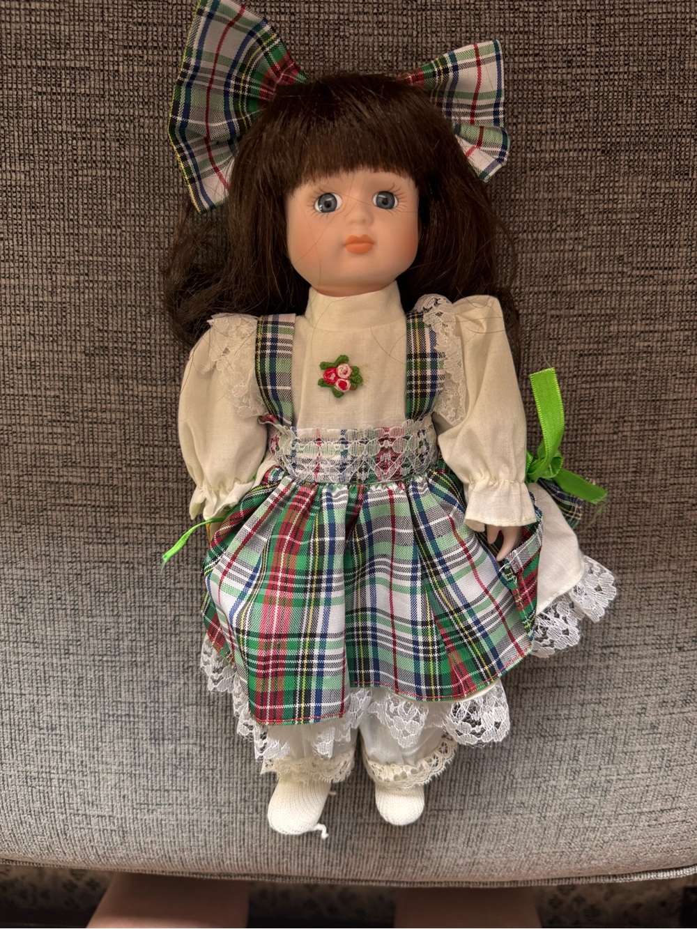 Very cute Classic Plaid Dress Porcelain Doll -12” high